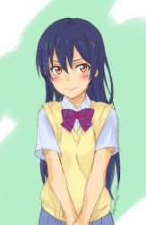 Rule 34 | 10s, 1girl, blouse, blue hair, blush, bow, bowtie, collared shirt, dated, diagonal-striped bow, diagonal-striped bowtie, diagonal-striped clothes, highres, layered clothes, long hair, looking at viewer, love live!, love live! school idol project, school uniform, shirt, signature, simple background, sketch, skirt, solo, sonoda umi, striped bow, striped bowtie, striped clothes, sweater vest, tanaka yuuichi, v-neck, white shirt, yellow eyes