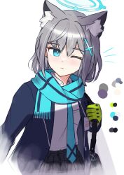 Rule 34 | 1girl, animal ear fluff, animal ears, blazer, blue archive, blue eyes, blue jacket, blue necktie, blue scarf, closed mouth, color guide, commentary request, fringe trim, gloves, green gloves, grey hair, grey skirt, hair between eyes, hair ornament, halo, hand up, highres, jacket, long sleeves, looking at viewer, necktie, one eye closed, open clothes, open jacket, plaid, plaid skirt, pleated skirt, scarf, school uniform, shiroko (blue archive), skirt, solo, uber (29131626)