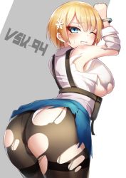 Rule 34 | 1girl, armpits, arms up, ass, black pantyhose, blonde hair, blue eyes, blue skirt, blush, bound, bound wrists, breasts, clenched teeth, collared shirt, commentary request, cowboy shot, cuffs, from behind, girls&#039; frontline, grey background, hair between eyes, hair ornament, handcuffs, huge ass, large breasts, long sleeves, looking at viewer, magazine (weapon), mole, mole under eye, oboenikui namae, one eye closed, panties, pantyhose, shirt, shirt tucked in, short hair, sidelocks, simple background, single bare shoulder, skindentation, skirt, snowflake hair ornament, solo, standing, sweatdrop, teeth, thighband pantyhose, torn clothes, torn pantyhose, torn shirt, torn skirt, two-tone background, underboob, underwear, vsk-94 (girls&#039; frontline), white background, white panties, white shirt, wince