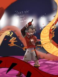Rule 34 | 1boy, arm up, blurry, blurry background, centiskorch, commentary request, creatures (company), dated, game freak, gen 8 pokemon, gloves, grey hair, hand up, highres, index finger raised, kabu (pokemon), kneehighs, knees, looking at viewer, male focus, nintendo, parted lips, partially fingerless gloves, pokemon, pokemon (creature), pokemon swsh, red footwear, red shirt, red socks, shirt, shoes, short hair, shorts, single glove, socks, standing, towel, towel around neck, undershirt, white shorts, yodaka (ydk 0365)