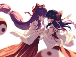 Rule 34 | 2girls, ascot, black hair, blurry, bow, depth of field, detached sleeves, closed eyes, face-to-face, from side, hair bow, hair tubes, hakurei reimu, hakurei reimu (pc-98), highres, holding hands, interlocked fingers, japanese clothes, long hair, long sleeves, looking at another, miko, motion blur, multiple girls, ponytail, profile, red bow, red skirt, ribbon trim, ryuh (asahina neru), sidelocks, skirt, skirt set, touhou, touhou (pc-98), very long hair, white background, wide sleeves, yuri