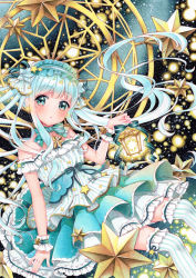 Rule 34 | 1girl, blue eyes, blue hair, blush, constellation, dress, female focus, galaxy, highres, lantern, lolita fashion, looking at viewer, looking to the side, maripori, marker (medium), original, pale skin, sky, solo, space, star (sky), star (symbol), starry sky, starry sky print, striped clothes, striped thighhighs, thighhighs, traditional media, twintails