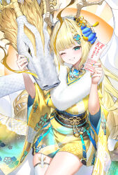 Rule 34 | 1girl, ;d, bead choker, blonde hair, blue eyes, blue nails, blunt bangs, commentary request, cowboy shot, dragon, dragon horns, eastern dragon, flower knot, fur shawl, garter straps, gradient nails, grin, hair ornament, hairclip, hands up, highres, holding, horns, japanese clothes, kimono, kiramarukou, long hair, looking at viewer, obi, obijime, one eye closed, open mouth, orb, original, sash, shawl, single garter strap, single thighhigh, smile, solo, tassel, tassel hair ornament, thighhighs, very long hair, white thighhighs, yellow eyes, yellow kimono, yellow nails