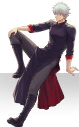 Rule 34 | 1boy, absurdres, black footwear, boots, chinese clothes, closed mouth, gintama, gradient background, grey background, grey hair, grey pants, hair between eyes, hand on own knee, highres, knee up, long sleeves, looking at viewer, male focus, pants, pelvic curtain, red eyes, sakata gintoki, sitting, solo, twitter username, two-tone background, uraki (tetsu420), white background