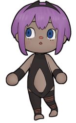 Rule 34 | 1girl, animal crossing, bare shoulders, black leotard, blue eyes, blush, center opening, chibi, dark-skinned female, dark skin, eyebrows hidden by hair, fate/prototype, fate/prototype: fragments of blue and silver, fate (series), full body, hassan of serenity (fate), i.u.y, leotard, looking away, looking to the side, nintendo, parody, parted lips, purple hair, simple background, solo, standing, style parody, toeless legwear, white background