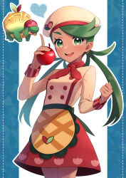 Rule 34 | 1girl, :d, apple, appletun, apron, beret, buttons, clenched hand, commentary request, creatures (company), double-breasted, food, fruit, game freak, gen 8 pokemon, green eyes, green hair, hat, highres, holding, holding food, holding fruit, long hair, long sleeves, maki (letusgomaki), mallow (palentine&#039;s 2023) (pokemon), mallow (pokemon), neckerchief, nintendo, official alternate costume, open mouth, pokemon, pokemon masters ex, red neckerchief, red skirt, shirt, skirt, smile, swept bangs, teeth, tongue, twintails, upper teeth only, waist apron, yellow apron