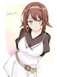 Rule 34 | 1girl, arm behind back, black shirt, blouse, brown eyes, brown hair, commentary request, cowboy shot, dress, gakky, hairband, kantai collection, looking at viewer, official alternate costume, one-hour drawing challenge, red hairband, shiratsuyu (kancolle), shirt, short hair, smile, solo, white dress