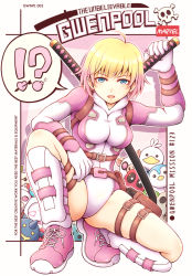 Rule 34 | !?, 1girl, ?, animification, blonde hair, breasts, character name, copyright name, english text, gwenpool, holding, holding sword, holding weapon, looking at viewer, marvel, medium breasts, nosh, open mouth, shoes, short hair, sneakers, solo, speech bubble, spoken question mark, squatting, superhero costume, sword, weapon