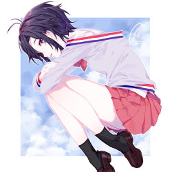 Rule 34 | 1girl, antenna hair, black hair, black socks, border, bow, bowtie, brown footwear, feet out of frame, fetal position, grey shirt, idolmaster, idolmaster (classic), kikuchi makoto, loafers, long sleeves, looking at viewer, looking to the side, miniskirt, parted lips, pleated skirt, purple eyes, red bow, red bowtie, red skirt, shirt, shoes, short hair, skirt, socks, solo, vickyycy99, white border