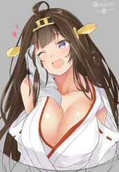Rule 34 | 10s, 1girl, admiral (kancolle), ahoge, bare shoulders, blue eyes, blush, breasts, breasts squeezed together, brown hair, cleavage, collarbone, cursor, detached sleeves, disembodied hand, grey background, hairband, headgear, heart, heart-shaped pupils, isshiki (ffmania7), japanese clothes, kantai collection, kongou (kancolle), large breasts, long hair, nontraditional miko, one eye closed, open mouth, ribbon-trimmed sleeves, ribbon trim, simple background, smile, solo, symbol-shaped pupils, twitter username, upper body