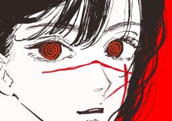 Rule 34 | 1girl, chainsaw man, close-up, cross scar, facial scar, highres, looking at viewer, needbee r, red background, red eyes, red theme, ringed eyes, scar, scar on cheek, scar on face, simple background, solo, yoru (chainsaw man)