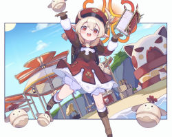Rule 34 | 1girl, :&lt;, :d, ahoge, arm up, backpack, bag, barrel, blonde hair, bloomers, blue sky, blush, book, boots, brown footwear, brown gloves, crate, day, genshin impact, gloves, hat, hat feather, jumpy dumpty, klee (genshin impact), knee boots, long sleeves, looking at viewer, marudeningen, open book, open mouth, outdoors, phonograph, pointy ears, red eyes, short twintails, sky, smile, solo, twintails, underwear