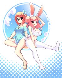Rule 34 | 2girls, absurdres, animal ears, arm up, black eyes, blue shirt, blush, breasts, brown hair, character name, cleavage, closed mouth, collarbone, fiz (fizintine), fizintine, full body, glasses, hair bun, hair ribbon, heart, highres, jewelry, large breasts, looking at viewer, luna (fizintine), medium breasts, multiple girls, necklace, off-shoulder shirt, off shoulder, open mouth, original, pantyhose, pink hair, pink shorts, rabbit ears, rabbit girl, rabbit tail, rectangular eyewear, red ribbon, ribbon, shirt, short shorts, shorts, single hair bun, smile, swept bangs, tail, teeth, upper teeth only, white legwear, white shorts