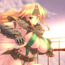 Rule 34 | 1990s (style), 1girl, armlet, armor, belt, blonde hair, blue eyes, blush, breasts, cape, celes chere, cleavage, cloud, covered erect nipples, final fantasy, final fantasy vi, gauntlets, gloves, huge breasts, large breasts, long hair, looking at viewer, shoulder pads, sideboob, sky, slingshot swimsuit, solo, sunset, swimsuit, sword, tro, vial, weapon