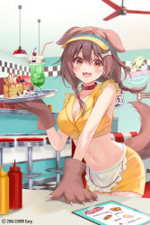 Rule 34 | 1girl, :3, :d, animal collar, animal ears, animal hands, apron, bone hair ornament, braid, breasts, brown eyes, brown hair, cartoon bone, cleavage, collar, crop top, cup, dog ears, dog girl, dog tail, drinking glass, drinking straw, fangs, frilled apron, frills, fukahire (ruinon), gloves, hair between eyes, hair ornament, hand on table, hat, holding, holding tray, hololive, indoors, inugami korone, ketchup bottle, large breasts, looking at viewer, low twin braids, mustard bottle, navel, open mouth, paw gloves, red collar, shirt, sidelocks, skirt, smile, solo, spiked collar, spikes, stomach, tail, tray, twin braids, virtual youtuber, visor cap, waist apron, yellow hat, yellow shirt, yellow skirt