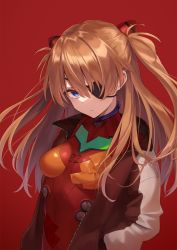 Rule 34 | 1girl, azuuru, blue eyes, bodysuit, breasts, brown hair, brown jacket, closed mouth, eyepatch, hands in pockets, highres, jacket, long hair, long sleeves, looking at viewer, one eye covered, open clothes, open jacket, plugsuit, red background, red bodysuit, serious, simple background, small breasts, solo, souryuu asuka langley, two side up, upper body, very long hair