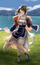 Rule 34 | 1girl, absurdres, animal ears, arknights, bare shoulders, blue footwear, blue jacket, blush, brown eyes, brown hair, day, dress, flower, fox ears, fox girl, fox tail, full body, grass, high heels, highres, jacket, long hair, long sleeves, looking at viewer, mountainous horizon, open clothes, open jacket, outdoors, parted lips, perfumer (arknights), ponytail, signature, solo, spaghetti strap, tail, water, welt (kinsei koutenkyoku), white dress, white flower