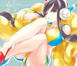 1girl bare_shoulders black_hair blue_eyes breasts coat collarbone creatures_(company) elesa_(pokemon) female_focus fur_coat game_freak gym_leader headphones long_hair looking_at_viewer medium_breasts nintendo one_eye_closed orange_mikan parted_lips pokemon pokemon_bw2 short_shorts shorts solo