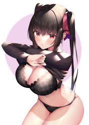 Rule 34 | 1girl, absurdres, alternate breast size, black bra, black hair, black panties, black shirt, blunt bangs, bra, breasts, circle, cleavage, clothes lift, commentary request, hair ribbon, highres, lace, lace-trimmed bra, lace trim, large breasts, long hair, looking at viewer, navel, niyun (n niyu), panties, parted lips, red eyes, ribbon, senki zesshou symphogear, shirt, shirt lift, sidelocks, simple background, solo, standing, thighs, tsukuyomi shirabe, twintails, underwear, undressing, white background
