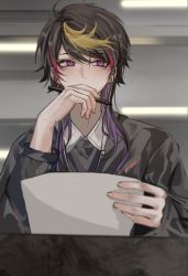 Rule 34 | 1boy, ahoge, black hair, black jacket, blonde hair, blush, collared shirt, commentary request, covering own mouth, earbuds, earphones, earrings, eyelashes, fingernails, hand up, highres, holding, holding paper, holding pen, indoors, jacket, jewelry, long hair, long sleeves, looking away, looking to the side, maisuie, male focus, multicolored hair, nijisanji, nijisanji en, paper, pen, pink hair, purple eyes, purple hair, shirt, shu yamino, sidelocks, solo, streaked hair, swept bangs, upper body, virtual youtuber, wing collar