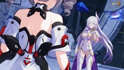 Rule 34 | 2girls, back, bare shoulders, bronya zaychik, bronya zaychik (drive kometa), bronya zaychik (yamabuki armor), drill hair, grey hair, hare (honkai impact), highres, holding, honkai (series), honkai impact 3rd, looking at another, multiple girls, official alternate costume, official art, official wallpaper, smile, solo, solo focus, standing, upper body, white hair