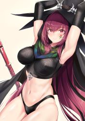 Rule 34 | 1girl, armpits, arms up, black gloves, black hat, black panties, closed mouth, cosplay, cowboy shot, elbow gloves, facial tattoo, fate/grand order, fate (series), flower tattoo, gae bolg (fate), gloves, hat, i.f.s.f, long hair, looking at viewer, multicolored clothes, multicolored scarf, name connection, panties, purple hair, red eyes, scarf, scathach (fate), scathach (megami tensei), scathach (shin megami tensei) (cosplay), shin megami tensei, simple background, smile, solo, tattoo, underwear, white background