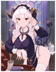Rule 34 | 1girl, absurdres, blue dress, blunt bangs, book, bow, breasts, candle, chain, closed mouth, collar, cowboy shot, cross, cross earrings, curled horns, demon girl, demon horns, demon tail, dress, earrings, fang, fang out, frown, gohan oni, highres, horn bow, horn ornament, horns, indoors, jewelry, large breasts, leaning forward, long hair, long sleeves, looking at viewer, metal collar, nun, original, pointy ears, red eyes, solo, tail, thighhighs, veil, very long hair, white hair, white thighhighs