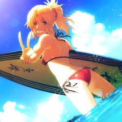 Rule 34 | 1girl, ass, bikini, blonde hair, blush, breasts, butt crack, commentary request, day, dutch angle, fate/grand order, fate (series), green eyes, grin, hair ornament, hair scrunchie, halterneck, in water, looking at viewer, looking back, medium hair, mordred (fate), mordred (fate) (all), mordred (fate/apocrypha), mordred (swimsuit rider) (fate), mordred (swimsuit rider) (first ascension) (fate), ocean, partially submerged, ponytail, red bikini, scrunchie, sg2119, side-tie bikini bottom, sideboob, small breasts, smile, solo, spiked hair, standing, string bikini, surfboard, swimsuit, v, wading, water