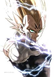 Rule 34 | 1boy, aiming, aiming at viewer, aqua eyes, backlighting, black shirt, blonde hair, commentary request, dragon ball, dragonball z, electricity, frown, gloves, highres, looking at viewer, majin vegeta, male focus, morinokinoko db, muscular, outstretched arm, serious, shirt, simple background, spiked hair, standing, super saiyan, super saiyan 2, torn clothes, torn shirt, twitter username, upper body, vegeta, veins, white background, white gloves