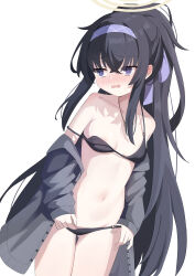 Rule 34 | 1girl, absurdres, areola slip, bags under eyes, bikini, black bikini, black hair, blue archive, blush, breasts, cardigan, chun jiang, collarbone, cowboy shot, crossed bangs, grey cardigan, hair between eyes, hairband, halo, highres, long hair, long sleeves, looking to the side, nose blush, o-ring, o-ring bikini, o-ring bottom, o-ring top, off shoulder, official alternate costume, open mouth, ponytail, purple eyes, purple hairband, simple background, small breasts, solo, strap slip, swimsuit, ui (blue archive), ui (swimsuit) (blue archive), very long hair, wavy mouth, white background, yellow halo