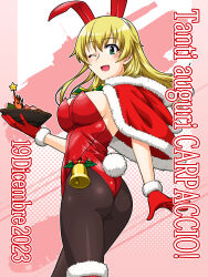 Rule 34 | 1girl, animal ears, ass, bell, black pantyhose, blonde hair, bowl, breasts, capelet, carpaccio (girls und panzer), character name, christmas, commentary, dated, fake animal ears, fake tail, from side, fur-trimmed capelet, fur-trimmed gloves, fur-trimmed thighhighs, fur trim, girls und panzer, gloves, green eyes, highres, holding, holding bowl, holly, hood, hood down, hooded capelet, italian commentary, italian text, leotard, long hair, looking at viewer, medium breasts, military vehicle, mixed-language commentary, motor vehicle, one eye closed, oosaka kanagawa, open mouth, pantyhose, playboy bunny, rabbit ears, rabbit tail, red capelet, red gloves, red leotard, semovente 75/18, smile, solo, standing, star (symbol), strapless, strapless leotard, tail, tank, thighhighs, translated