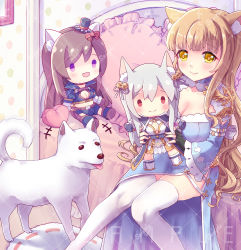 Rule 34 | +++, 1girl, abyss chaser (ragnarok online), animal ears, arch mage (ragnarok online), arm belt, bed, belt, black gloves, blonde hair, blue dress, blunt bangs, blush, breasts, brown hair, cardinal (ragnarok online), cat ears, character doll, cleavage, cleavage cutout, closed mouth, clothing cutout, commentary request, dog, dress, feet out of frame, fingerless gloves, frilled sleeves, frills, gloves, highres, indoors, large breasts, long hair, looking at viewer, on bed, purple eyes, ragnarok online, red eyes, sample watermark, sitting, smile, solo, thighhighs, vixiq, watermark, white belt, white thighhighs, yellow eyes