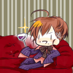 Rule 34 | 1girl, ahoge, atlus, bow, chibi, couch, cup, drink, drinking glass, female focus, food, food on face, formal, hair ornament, hairclip, ichimatsu shiro, persona, persona 3, persona 3 portable, red upholstery, rice, shiomi kotone, sleeves past wrists, smile, solo, striped, striped background, vertical stripes, wine glass, | |