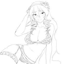 Rule 34 | 00s, 1girl, bad id, bad tumblr id, blush, bra, breasts, cleavage, drill hair, flower, garter belt, garter straps, greyscale, hair flower, hair ornament, hairband, highres, katherine mcdonald, kaze no stigma, large breasts, lineart, lingerie, monochrome, noccu, panties, sagging breasts, smile, solo, thighhighs, twin drills, underwear, underwear only