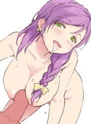 Rule 34 | 10s, 1boy, 1girl, alternate hairstyle, bow, braid, breasts, censored, completely nude, cum, cum in mouth, cum string, duke (inu daimyou), earrings, green eyes, hair bow, handsfree paizuri, hanging breasts, hetero, jewelry, large breasts, long hair, love live!, love live! school idol project, nipples, nude, open mouth, paizuri, penis, penis silhouette, penis to breast, perpendicular paizuri, purple hair, silhouette, simple background, single braid, solo focus, tojo nozomi, white background