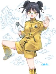Rule 34 | 1girl, :d, black hair, bun cover, chinese clothes, commentary request, double bun, dragon, fang, feet out of frame, foreshortening, hair bun, holding, holding weapon, jacket, kneehighs, looking at viewer, loose socks, okiru, open mouth, original, shoes, shorts, signature, smile, socks, solo, standing, standing on one leg, weapon, weapon request, white background, yellow eyes, yellow footwear, yellow jacket, yellow shorts, yellow socks