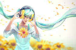Rule 34 | 1girl, aqua hair, arms up, artist name, bare shoulders, blue shirt, closed mouth, collarbone, commentary, closed eyes, floating hair, flower, hair flower, hair ornament, hatsune miku, headphones, lips, listening to music, long hair, long sleeves, motion blur, off-shoulder shirt, off shoulder, petals, shirt, smile, solo, sunflower petals, twintails, upper body, vocaloid, watermark, web address, wind, yuumei