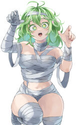Rule 34 | 1girl, absurdres, bandages, boku no hero academia, claw pose, fengling (furin-jp), green eyes, green hair, hagakure tooru, halloween costume, hands up, highres, long hair, looking at viewer, messy hair, mummy, mummy costume, naked bandage, navel, sarashi, simple background, solo, unusually visible, white background