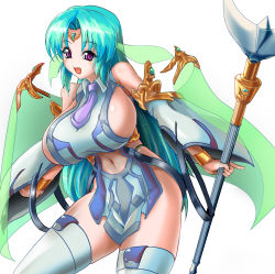 Rule 34 | 1girl, bare shoulders, blue hair, breasts, curvy, detached sleeves, fangs, female focus, highres, huge breasts, kiyukisuke, leaning forward, loincloth, long hair, looking at viewer, navel, necktie, open mouth, priest (ragnarok online), purple eyes, ragnarok online, revealing clothes, sideboob, simple background, solo, staff, standing, thighhighs, white background, white thighhighs
