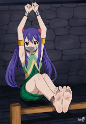 Rule 34 | 1girl, absurdres, barefoot, bdsm, blue hair, bondage, bound, bound ankles, bound wrists, breasts, brown eyes, chain, chained, chained wrists, fairy tail, gag, gagged, highres, improvised gag, legs, shadow xcp, tape, tape gag, wendy marvell