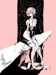 Rule 34 | 1girl, ayanami rei, bandaged head, bandages, bodysuit, character name, closed mouth, commentary, crack, eva 00, facing viewer, hands on lap, monochrome, neon genesis evangelion, plugsuit, rock, short hair, sitting, sketch, tonebird