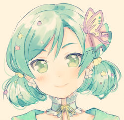 Rule 34 | 1girl, alternate hairstyle, aqua hair, bang dream!, blush, butterfly hair ornament, detached collar, double bun, earrings, flower earrings, green eyes, hair ornament, hikawa hina, jewelry, komachi narota, looking at viewer, portrait, simple background, smile, solo, star (symbol), star hair ornament, tan background