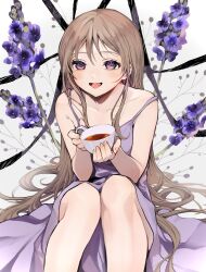 Rule 34 | 1girl, :d, absurdres, brown hair, collarbone, cup, dress, feet out of frame, flower, hana (h6n6 matsu), highres, holding, holding cup, long hair, looking at viewer, open mouth, original, purple dress, purple eyes, purple flower, sitting, sleeveless, sleeveless dress, smile, solo, sundress, tea, teacup, very long hair