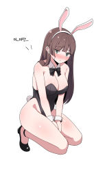 Rule 34 | 1girl, absurdres, animal ears, bare legs, black bow, black bowtie, black leotard, bow, bowtie, breasts, cleavage, commentary request, detached collar, embarrassed, full body, highres, korean commentary, large breasts, leotard, original, playboy bunny, rabbit ears, rabbit tail, simple background, solo, strapless, strapless leotard, tail, uihyeon chae, v arms, white background