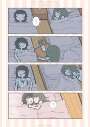 Rule 34 | !, 2girls, ?, bed, bed sheet, bedroom, blanket, blush, brown hair, character request, closed mouth, comic, drooling, closed eyes, female focus, flat color, flower, flowers (innocent grey), from above, futon, indoors, lying, medalda, morning, multiple girls, night, o o, on back, on bed, on side, pillow, plant, potted plant, pout, room, saliva, shelf, short hair, sleeping, spoken exclamation mark, spoken question mark, table, under covers, upper body, vase, waking up, wooden floor, yuri