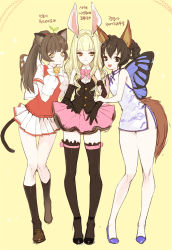Rule 34 | 3girls, animal ears, animal hands, artist request, bell, black socks, blonde hair, braid, brown eyes, brown hair, butterfly wings, cat ears, china dress, chinese clothes, dog ears, dress, elbow gloves, elin, frilled skirt, frills, gloves, high heels, horns, insect wings, jingle bell, kneehighs, legs, long hair, multiple girls, open mouth, paw gloves, ponytail, rabbit ears, school uniform, shirt, shoes, short dress, skirt, sleeveless, sleeveless dress, smile, socks, sweater vest, tail, tera online, thigh gap, thighhighs, twin braids, twintails, vest, wings, zettai ryouiki