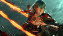 Rule 34 | 1girl, 3d, arm guards, blender (medium), blood, blood on face, blue hair, breasts, byleth (female) (fire emblem), byleth (fire emblem), cleavage, fire emblem, fire emblem: three houses, glowing, glowing sword, glowing weapon, highres, j9006, medium hair, motion blur, nintendo, serious, solo, sword of the creator, upper body, weapon, whip sword