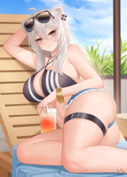 Rule 34 | 1girl, ahoge, animal ears, arm up, ass, beach chair, bikini, bikini top only, blue sky, breasts, closed mouth, cloud, cup, day, denim, denim shorts, drink, eyewear on head, gold bracelet, grey eyes, highres, holding, holding cup, holding drink, hololive, jewelry, large breasts, lion ears, lion girl, long hair, lying, on side, outdoors, pendant, shishiro botan, short shorts, shorts, sky, smile, solo, sunglasses, swimsuit, thigh strap, thighs, virtual youtuber, wei xiao, white hair