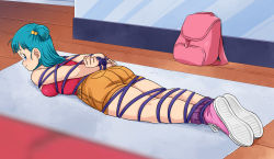Rule 34 | 1girl, arms behind back, ass, bdsm, blue eyes, blue hair, bondage, bound, bound ankles, bound wrists, breasts, bulma, dragon ball, from behind, highres, legs, lost one zero, medium breasts, shoes, sneakers, thighs