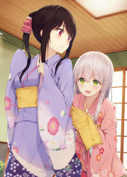 Rule 34 | 2girls, :d, absurdres, black hair, blush, breasts, commentary request, floral print, green eyes, hair between eyes, hair ornament, hair scrunchie, hands up, highres, indoors, japanese clothes, kimono, light particles, long hair, long sleeves, looking at another, looking back, multiple girls, obi, open mouth, original, parted lips, pink kimono, pink scrunchie, ponytail, print kimono, purple kimono, red eyes, sanpaku, sash, scrunchie, sidelocks, silver hair, sleeves past wrists, small breasts, smile, standing, tsuchikure, wide sleeves